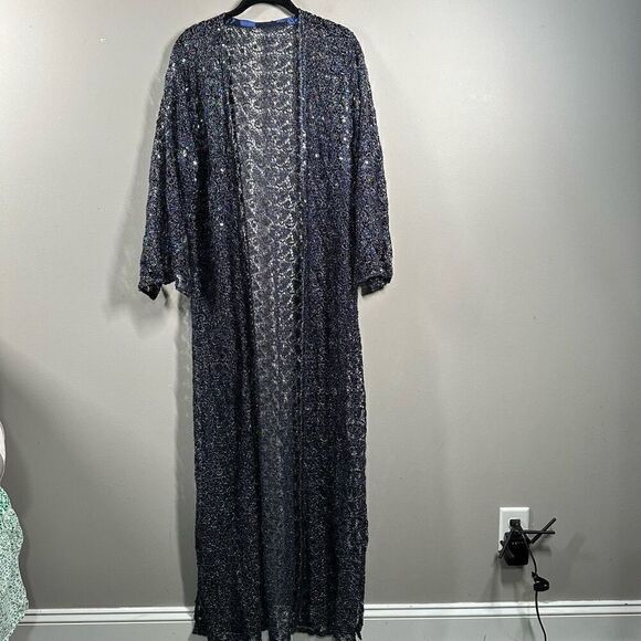 Open knit crochet sequin navy blue open front floor length duster cardigan jacke - Picture 2 of 9